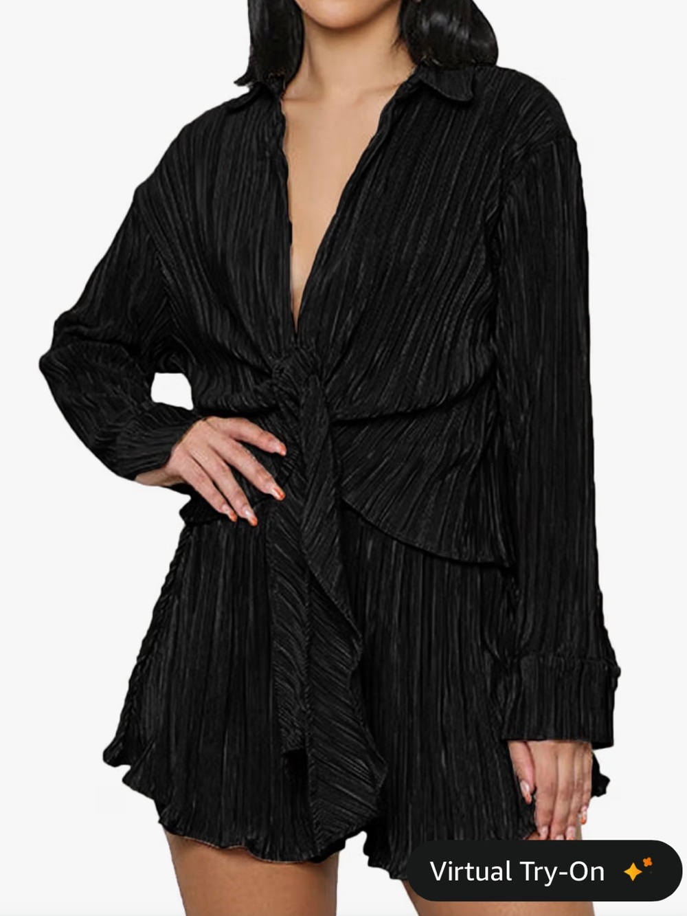 OPOIPIN Women's 2 Pieces Outfits Pleated Deep V Neck Tie Front Long Sleeve Set